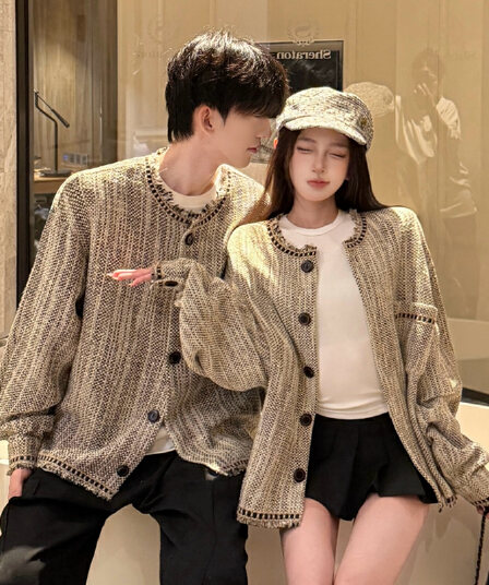 가을 느슨함 센스 혼합 색상 레트로 루즈핏 털 리본 재킷 커플 재킷