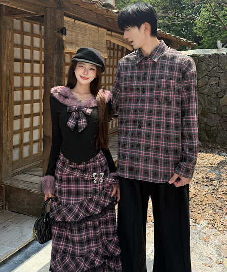 가을 새로운 다크 바람 보트넥 맨위 여성 겨울 체크무늬 불규칙 반신 롱 스커트 남자 셔츠 커플룩