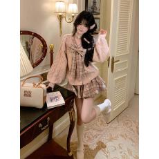 批发9035#实拍中~枫糖物语 减龄蝴蝶结毛衣+格子压褶短裙套装秋冬