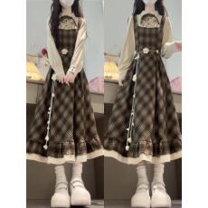 批发8382#全店出货~2025新款秋冬 法式复古格纹<b class='q'>假两件</b><b class='q'>衬衫</b>连衣裙