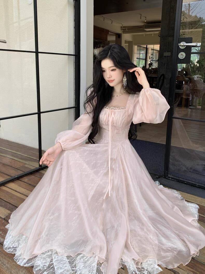 9069# 있음 실사 绯 사쿠라 남자 춤 프랑스식 천 금빛 바람 아름다운 레이스 망사 허리 수축 드레스 이른 봄 새로운