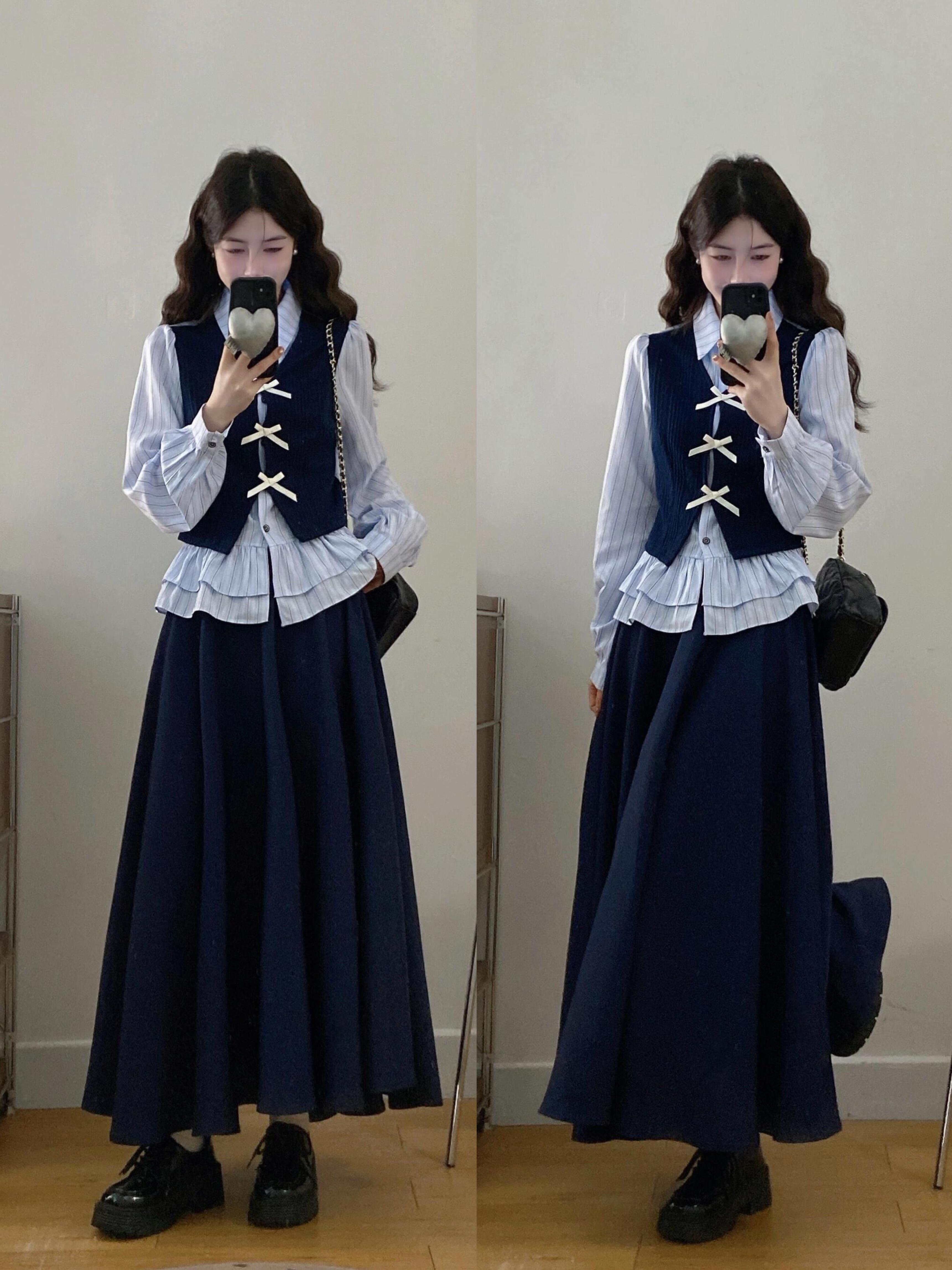 9067# 실사 블루스 기록 이른 봄 학원 스타일 세트 소녀 센스 페이크 레이어드 스트라이프 셔츠 반신 스커트