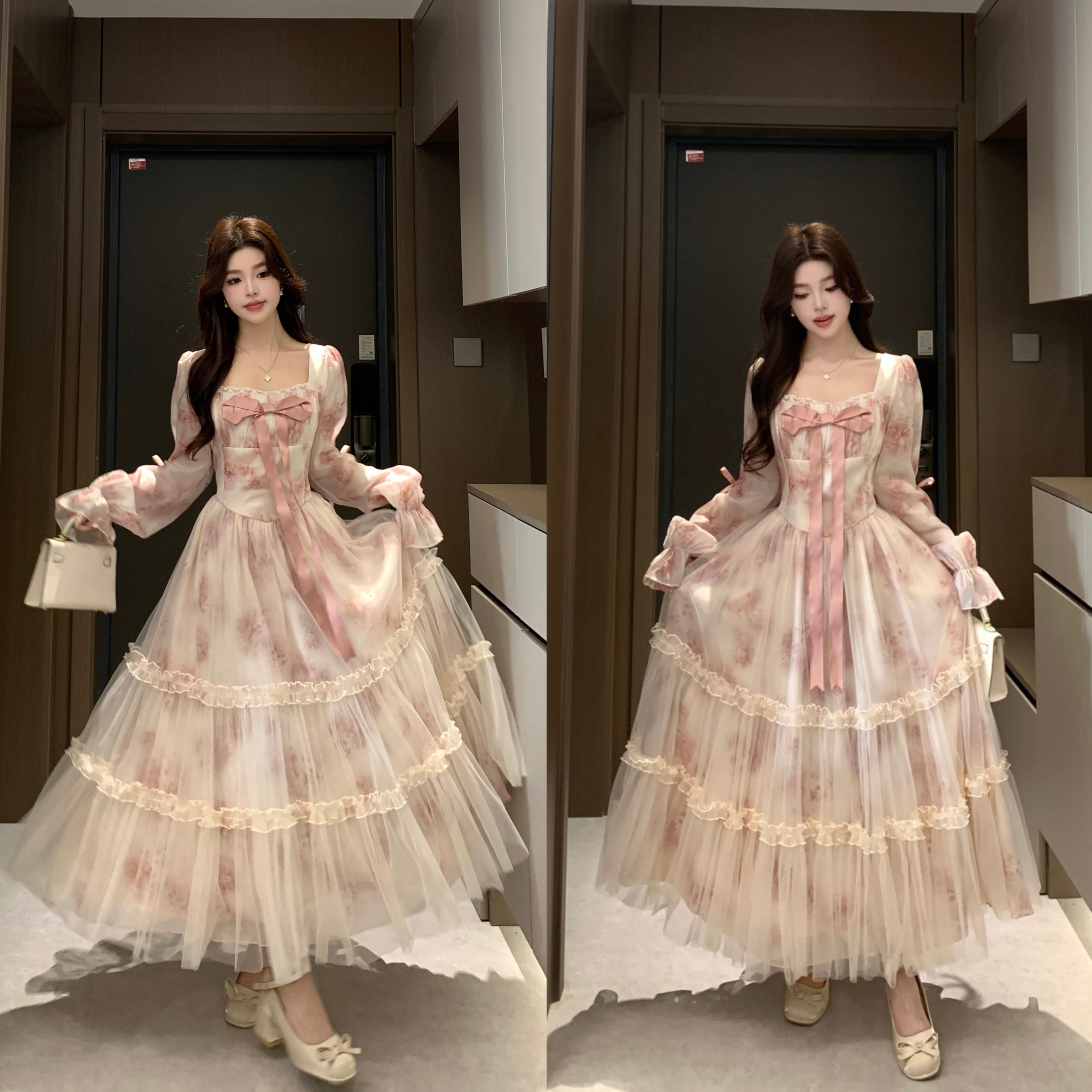 9070# 실사 한여름 밤의 꿈 이른 봄 부드러운 프린트 망사 광장 칼라 큰 진자 요정 달콤함 드레스
