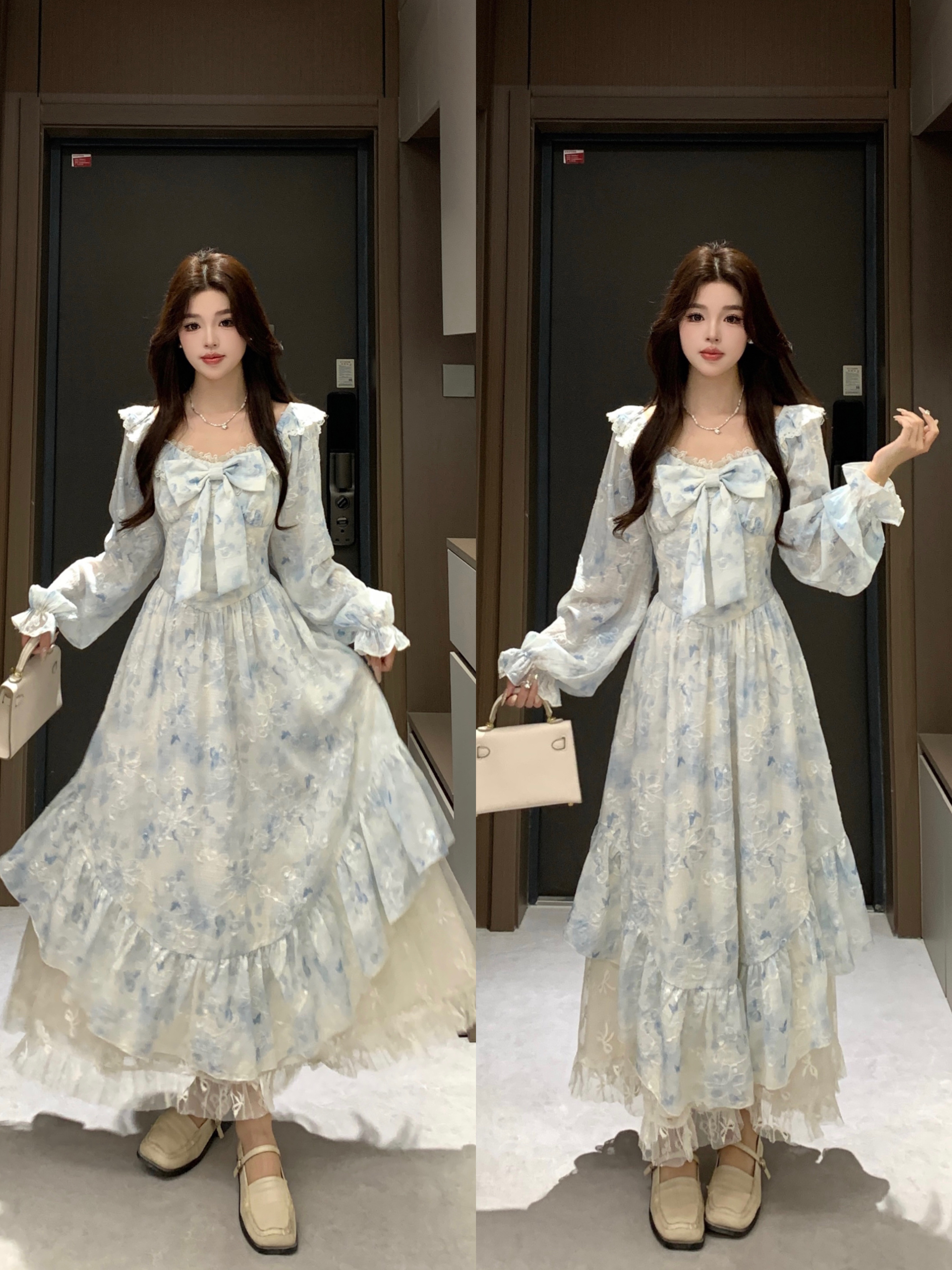9072# 실사 블루 벨 비밀 상황 이른 봄 프린트 패치워크 레이스 큰 진자 슬림해 보이는 롱 스커트 소녀 드레스