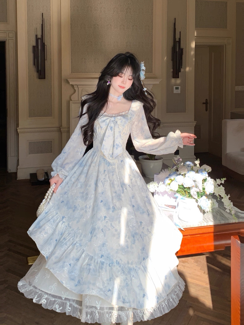 9072# 있음 실사 블루 벨 비밀 상황 프린트 패치워크 레이스 큰 진자 슬림해 보이는 소녀 드레스