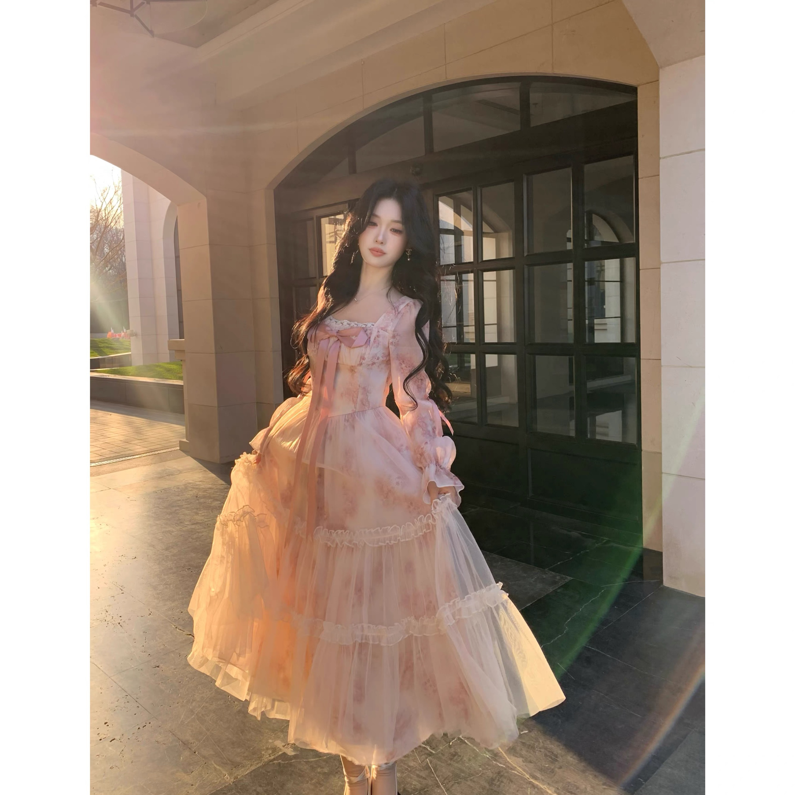 9070# 있음 실사 이른 봄 한여름 밤의 꿈 부드러운 프린트 망사 광장 칼라 달콤함 요정 치마