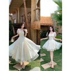 批发9078#实拍~实拍月光手书 法式温柔气质方领重工大摆网纱连衣裙