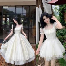 批发9078#有实拍~月光手书 法式温柔气质方领重工大摆网纱连衣裙