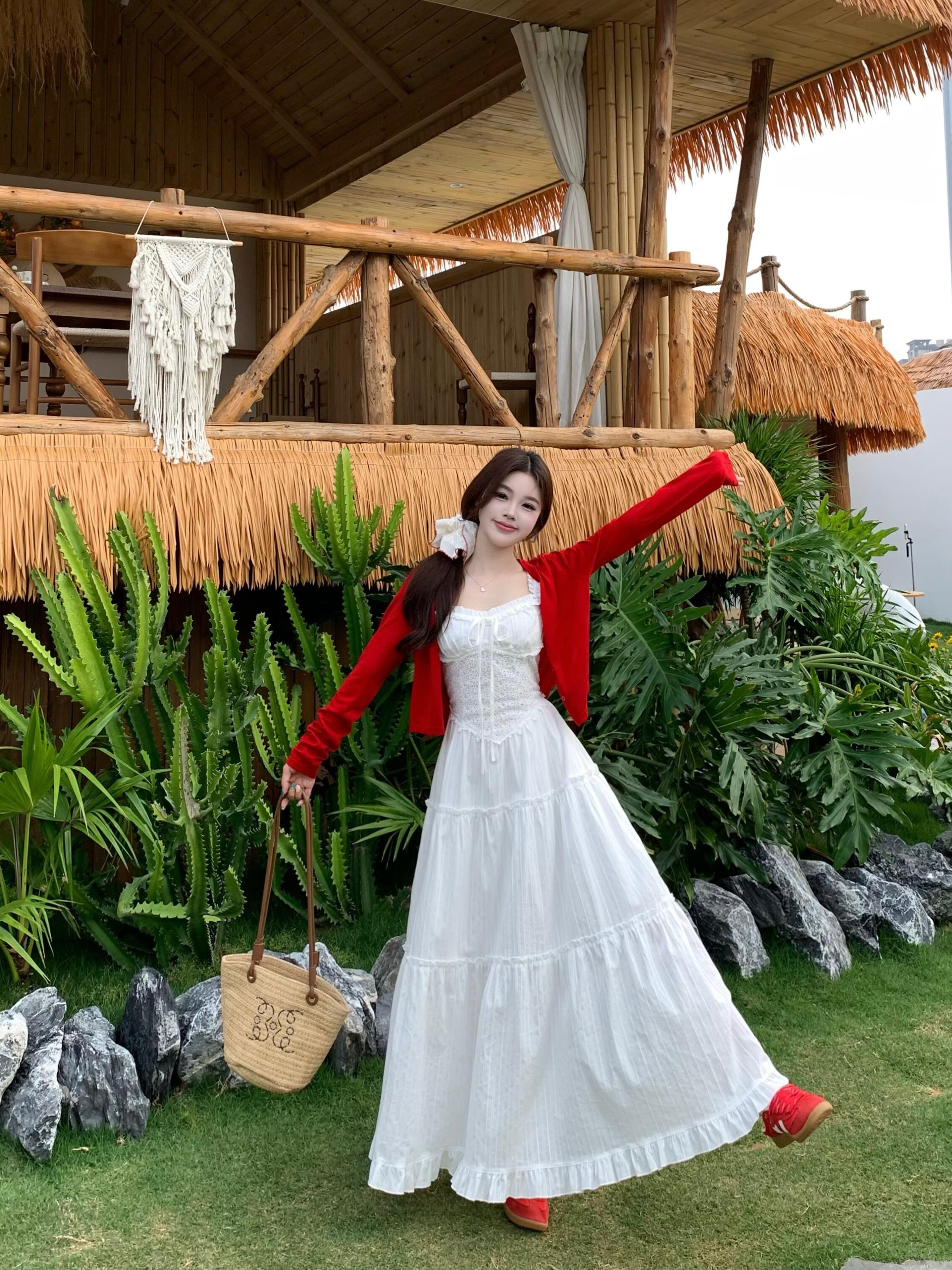 9082# 실사 지방 mm 부드러운 첫사랑 센스 품격 착용 가져 가라. 해변가 휴가 슬림해 보이는 슬립 드레스 오픈 가디건 세트