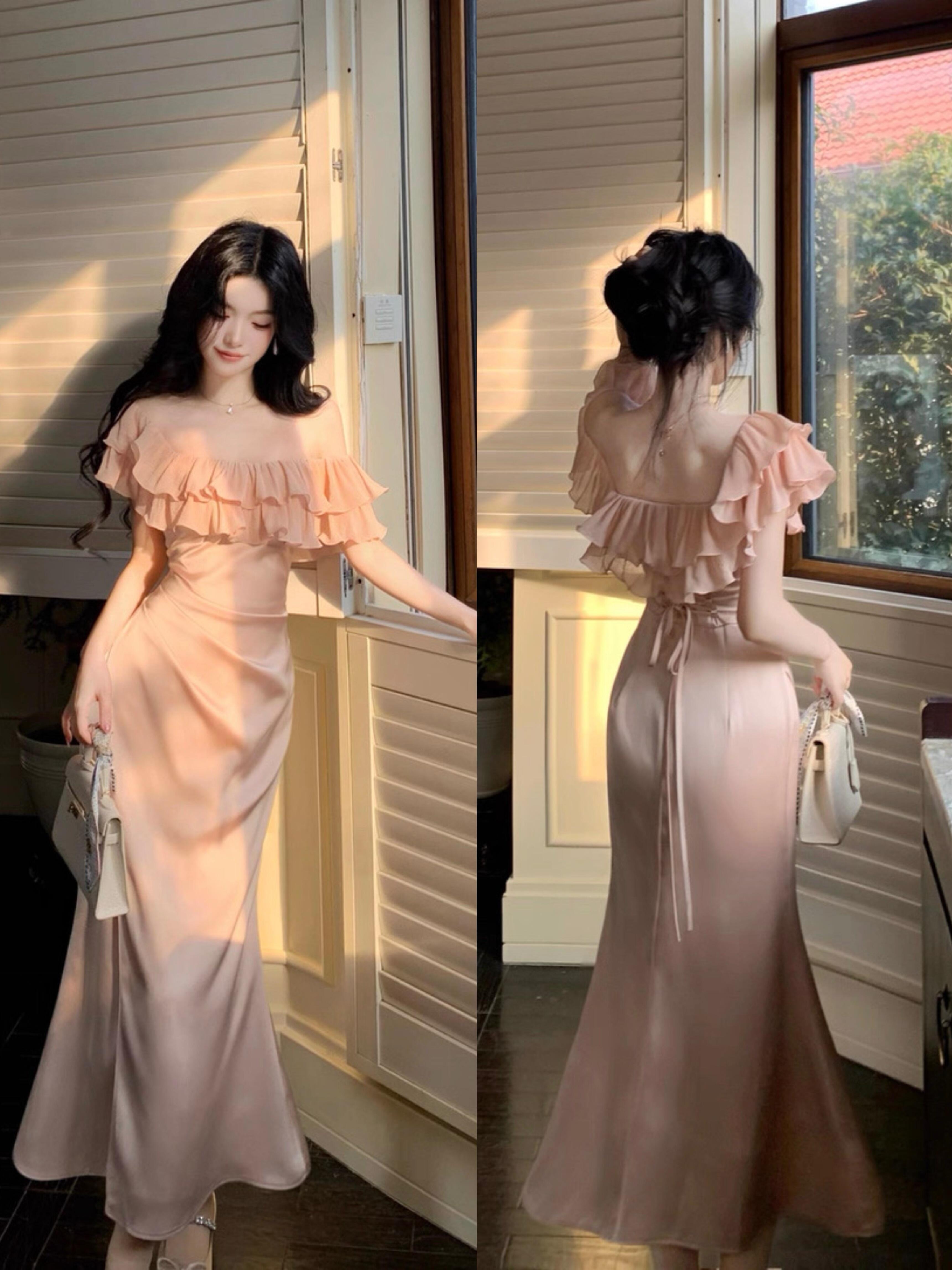 9086 있음 실사 인어 진주 눈물 품격 순수한 욕망 새틴 프릴 오프숄더 표지 배 슬림해 보이는 인어 꼬리 드레스