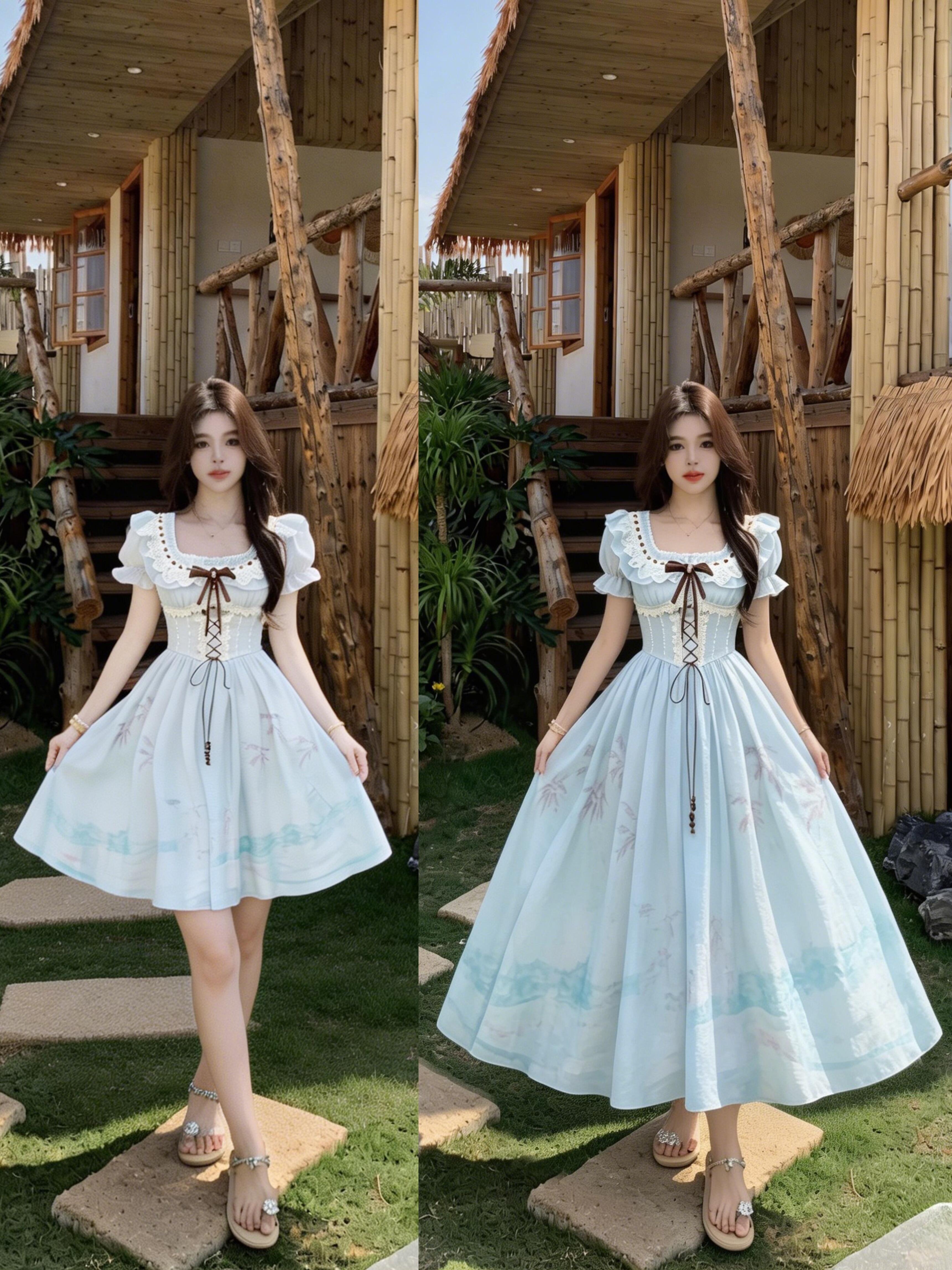 9091# 실사 주황색 바다 달콤함 그라데이션 헤일로 염색 오리지널 프린트 허리 수축 한 마디 반팔 드레스