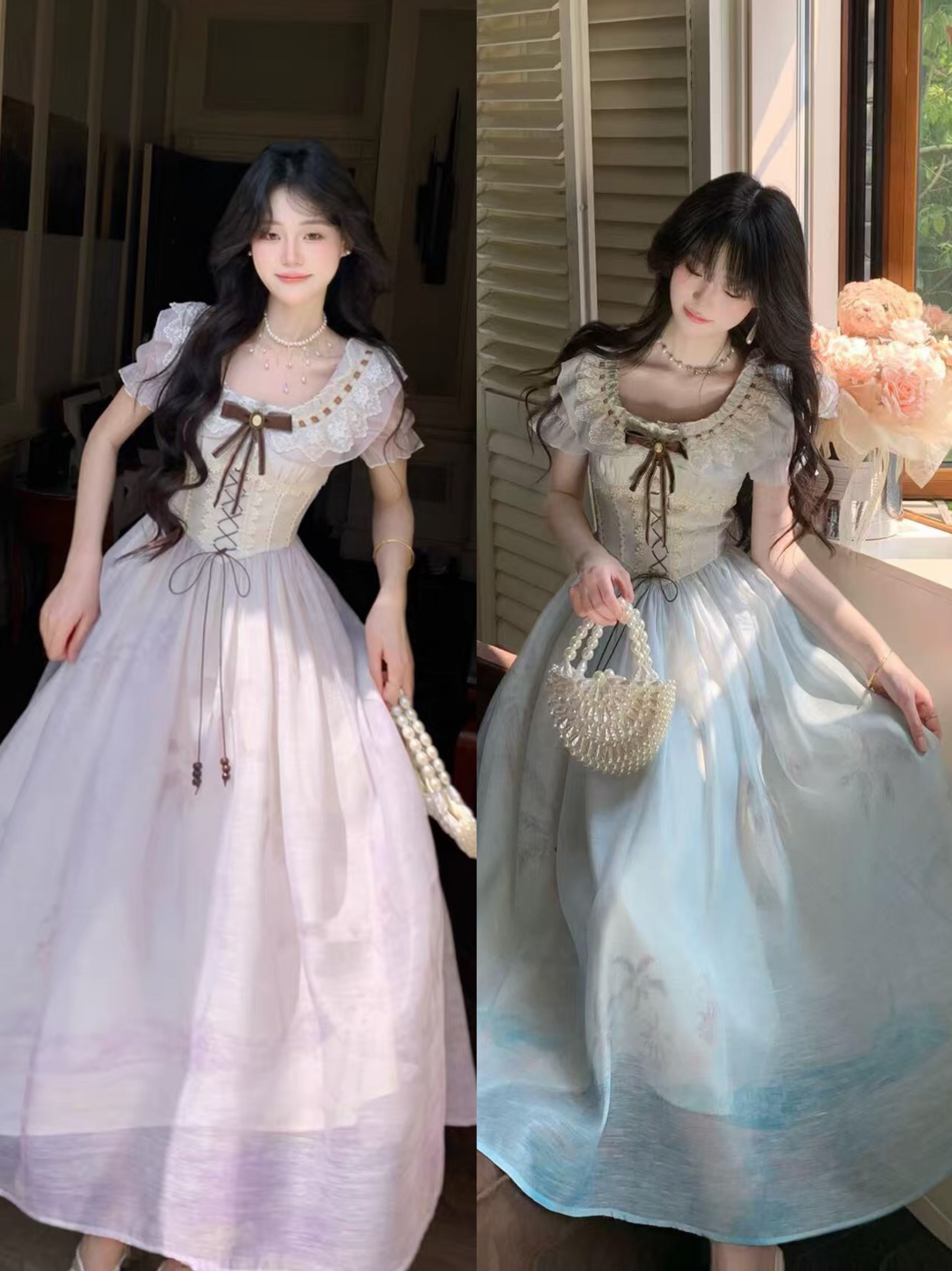 9091# 있음 실사 주황색 바다 달콤함 그라데이션 헤일로 염색 오리지널 허리 수축 한 마디 퍼프 공주 드레스 드레스