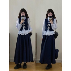 批发9067#实拍~~蓝调唱片早春学院风套装少女感假两件<b class='q'>条纹</b><b class='q'>衬衫</b>+半身裙