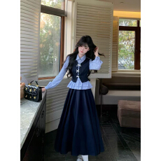 批发9067#有实拍~~蓝调唱片学院风套装少女感假两件<b class='q'>条纹</b><b class='q'>衬衫</b>+半身裙