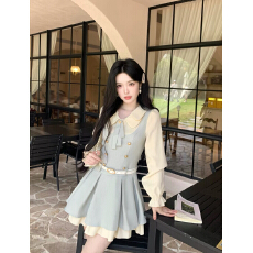 批发928#有 实拍～奶蓝知梦 温柔学院风假两件撞色遮肚子显瘦<b class='q'>连衣裙</b>