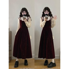 批发9033#实拍～绯夜星辰 法式宫廷风绝美质感细闪收腰长袖<b class='q'>礼服</b><b class='q'>连衣裙</b>