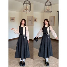 批发935#实拍～法式蕾丝波点衬衫背心裙<b class='q'>春</b>秋新款复古甜美风两件套套装