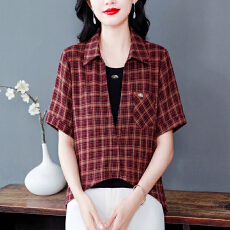 批发<b class='q'>妈妈装</b>格子衬衫女短袖2026夏季新款中年妈妈薄款宽松大码短袖衬衣