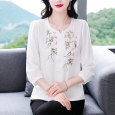 批发<b class='q'>妈妈</b>夏装棉麻绣花单装女2026新款短袖衬衣中年人夏季小衫上衣服