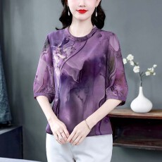 批发2026春夏新款舒适的真丝雪纺圆领套头国风刺绣<b class='q'>中袖</b>防晒上衣大码女