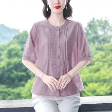 批发春夏国风刺绣天丝棉麻圆领开扣五分短袖衬衫宽松舒适遮肚子大码女