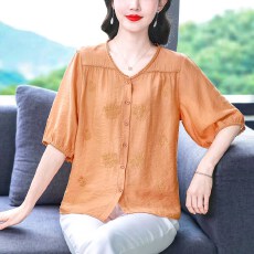 国风刺绣短五分袖开扣圆领天丝棉麻衬衫透气宽松显瘦遮肚气质大码