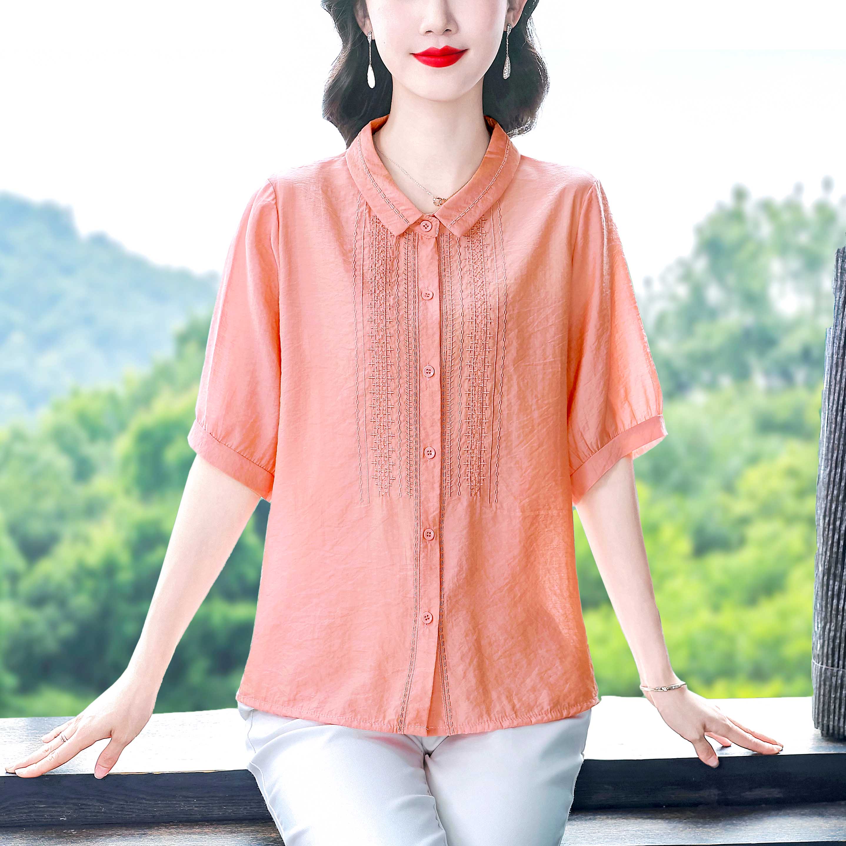 봄 여름 새로운 폴로 칼라 열기 주간 실크 면 린넨 셔츠 국풍 자수 편안함 통기성 루즈핏 5 점 반팔 맨위
