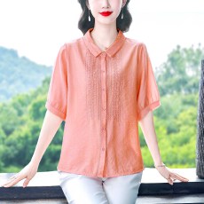 批发春夏新款翻领开襟天丝棉麻衬衫国风刺绣舒适透气宽松五分短袖上衣