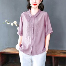 批发春夏新款翻领开襟天丝棉麻衬衫国风刺绣舒适透气宽松五分短袖上衣