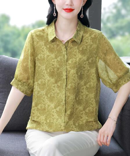 봄 여름 새로운 7부 소매 실크 뽕나무 누에 실크 쉬폰 폴로 칼라 열기 셔츠 자외선 차단 품격 슬림해 보이는 표지 배 맨위