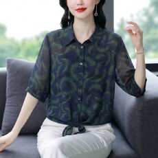 批发春夏新款真丝桑蚕丝雪纺翻领衬衫七分袖防晒衫<b class='q'>印花</b>时尚大码显瘦