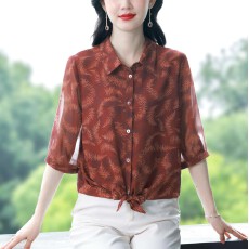 批发春夏新款真丝桑蚕丝雪纺翻领衬衫七分袖防晒衫<b class='q'>印花</b>时尚大码显瘦