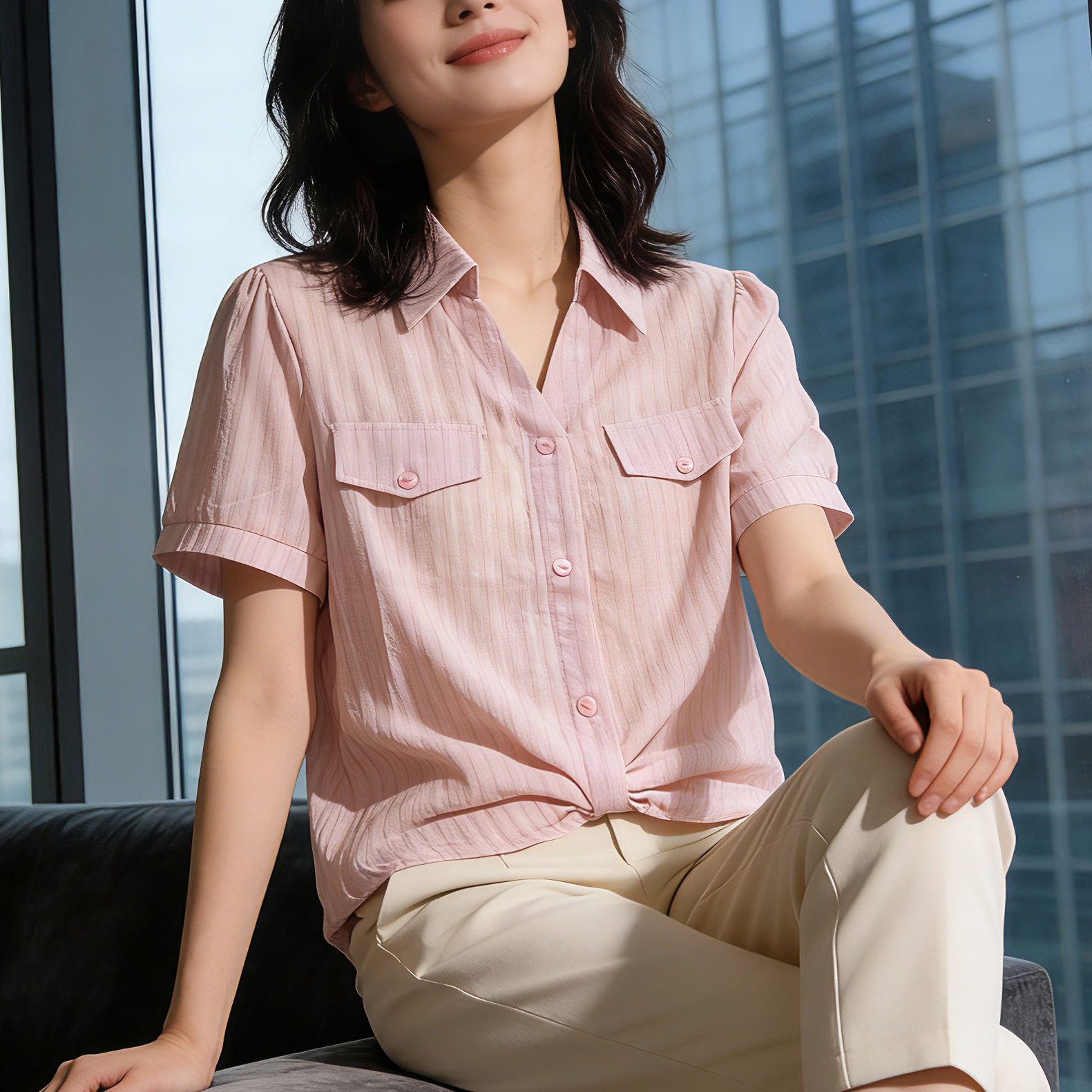 RY3529# 春夏新款短袖翻领衬衫套头雪纺V领清新条纹印花大码简约百搭显瘦