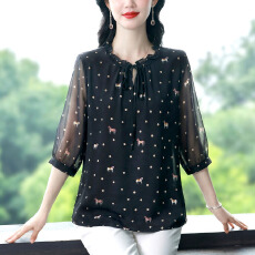 批发春夏新款七分袖<b class='q'>真丝</b>桑蚕丝雪纺印花<b class='q'>衬衫</b>防晒气质显瘦遮肚上衣