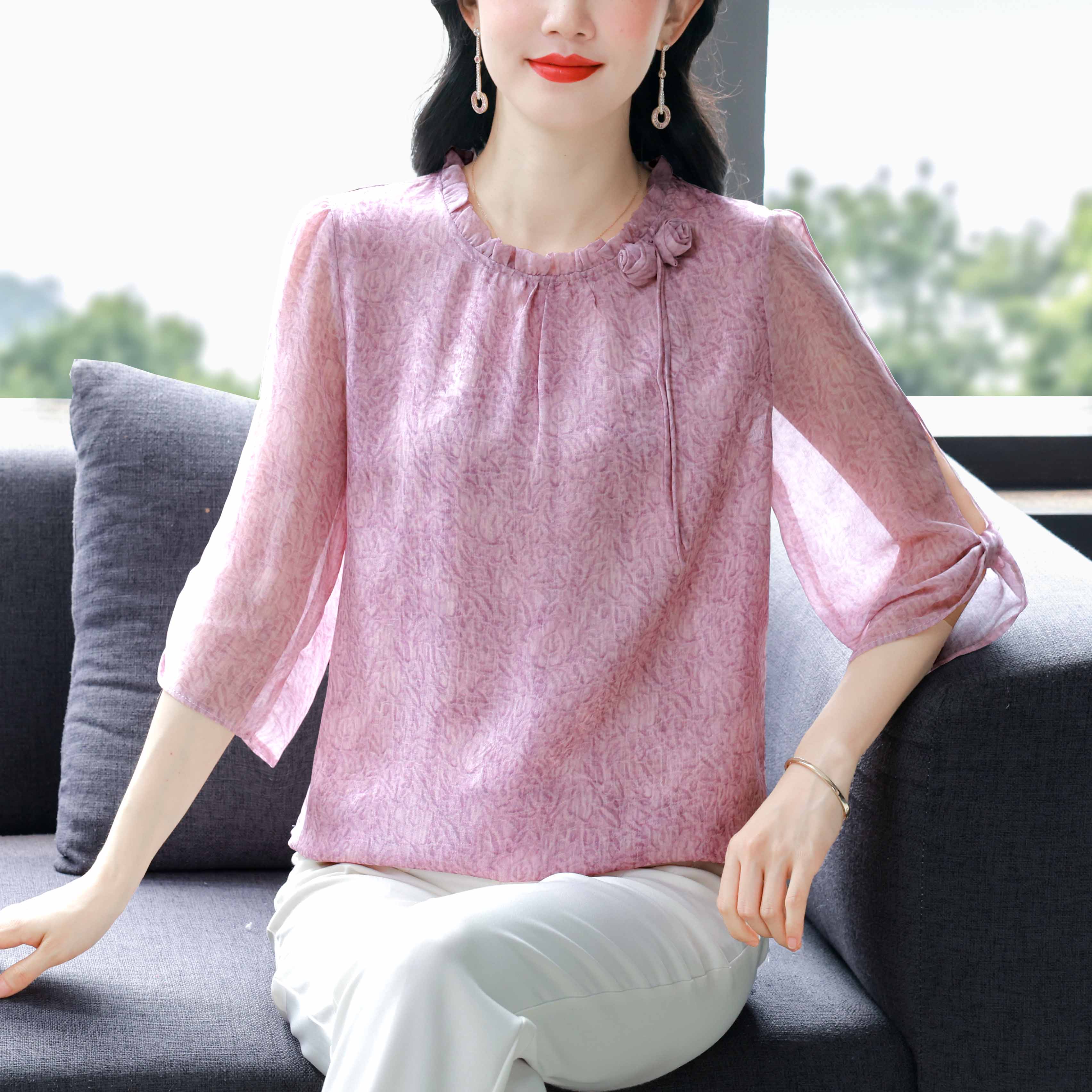 RY3527# 春夏新款洋气小衫七分袖真丝雪纺上衣圆领气质宽松薄显瘦减龄遮肚