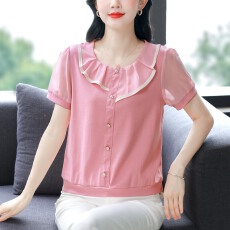 批发春夏新款T恤拼接雪纺荷叶边领短袖宽松百搭时尚气质显瘦上衣<b class='q'>大码</b>