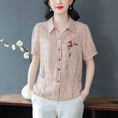 批发春夏新款雪纺条纹翻领印花开扣衬衫清新舒适百搭通勤气质显瘦上衣