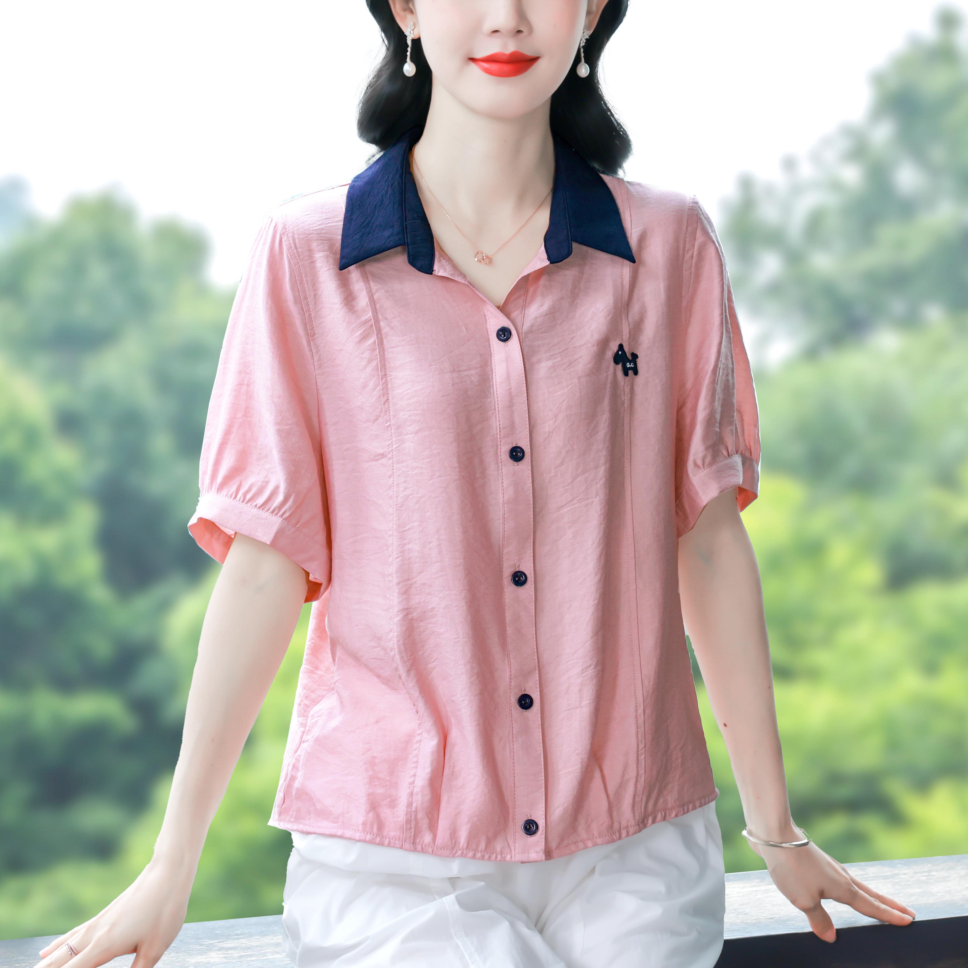 여름 새로운 면 린넨 반팔 셔츠 품격 다용도 폴로 칼라 패션 출퇴근 연령 감소 루즈핏 외국 가스 맨위 여성
