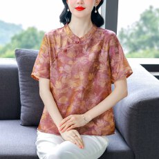 批发夏季国风新中式立领斜襟短袖人丝鎏金浮光锦上衣轻薄宽松气质<b class='q'>大码</b>