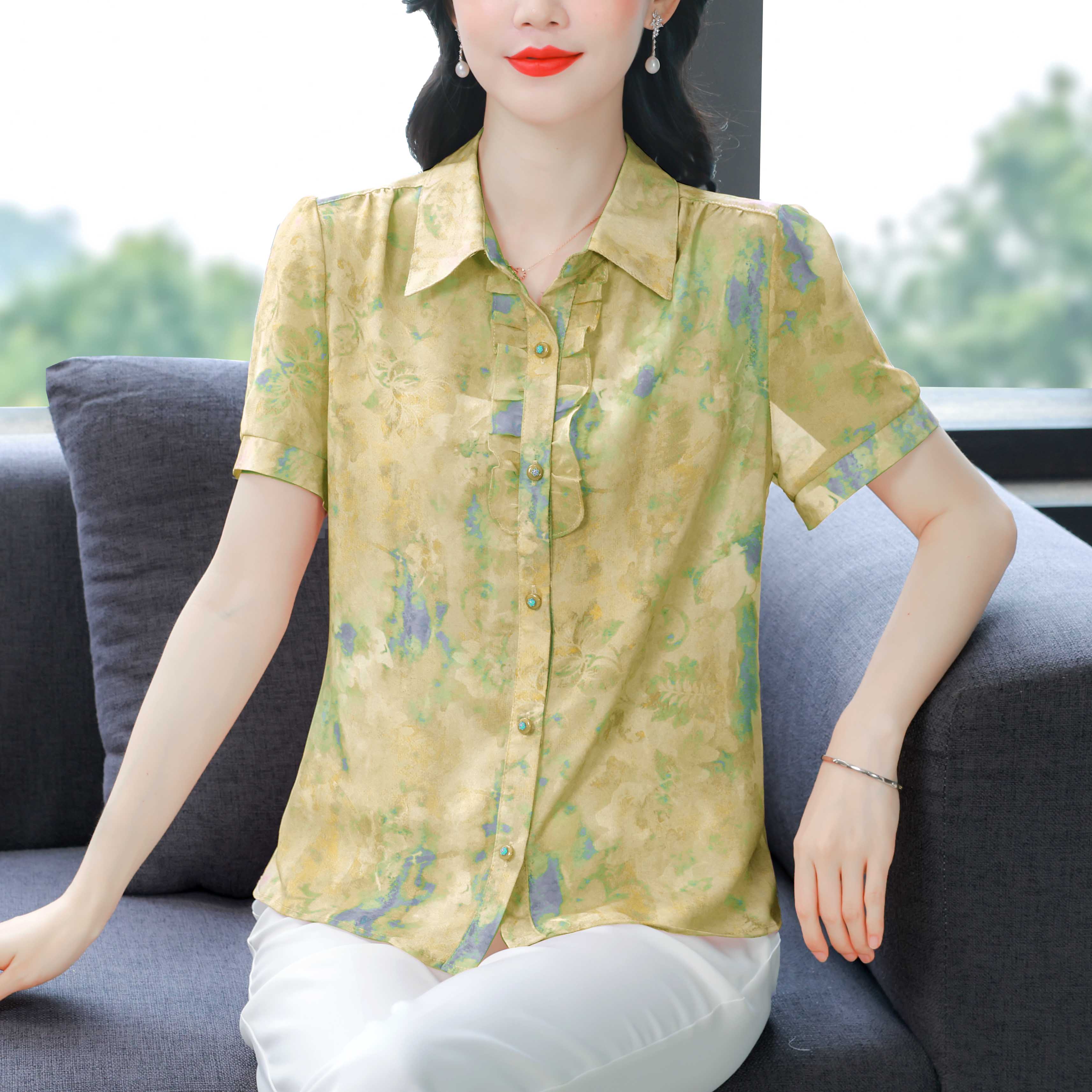 여름 새로운 쉬폰 반팔 폴로 칼라 열기 셔츠 Chic 외국 가스 헤일로 염색 꽃 의류 부드러운 편안함 어머니 드레스