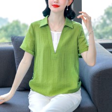 批发夏新款轻薄天丝棉麻时尚假两件翻领<b class='q'>衬衫</b>舒适透气宽松百搭大码小衫