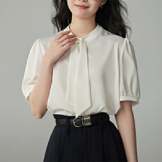 批发网图白色缎面短袖衬衫女设计感小众轻熟港风飘带通勤职业衬衣