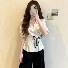 批发法式白色v领醋酸缎面<b class='q'>衬衫</b>女夏季小个子系带收腰<b class='q'>衬衣</b><b class='q'>职业</b>短袖上衣