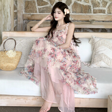 批发粉色绝美浪漫风木耳边碎花<b class='q'>连衣裙</b>夏季新款超仙少女感吊带裙<b class='q'>沙滩</b>裙