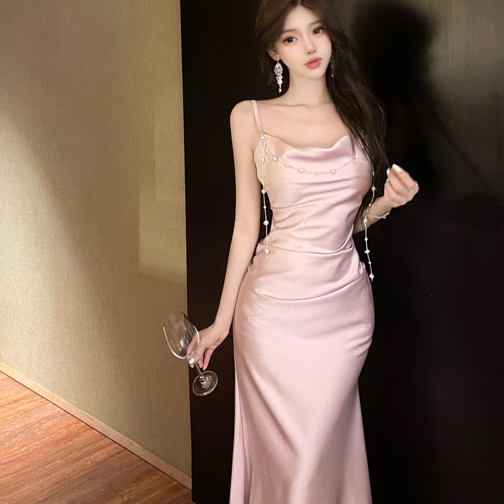 FA33759# 法式高级感缎面吊带连衣裙女名媛气质收腰显瘦超仙长裙 服裝批發女裝批發服飾貨源