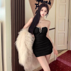 批发实拍贵气千金感镶钻<b class='q'>连衣裙</b>冬纯欲辣妹性感低胸<b class='q'>V领</b>包臀抹胸打底裙