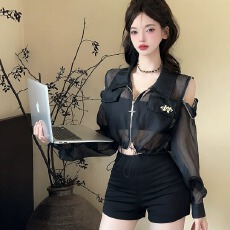 批发实拍辣妹时髦小众设计感露肩可拆卸拉链拼接网纱<b class='q'>防晒衫</b>薄款外套衣