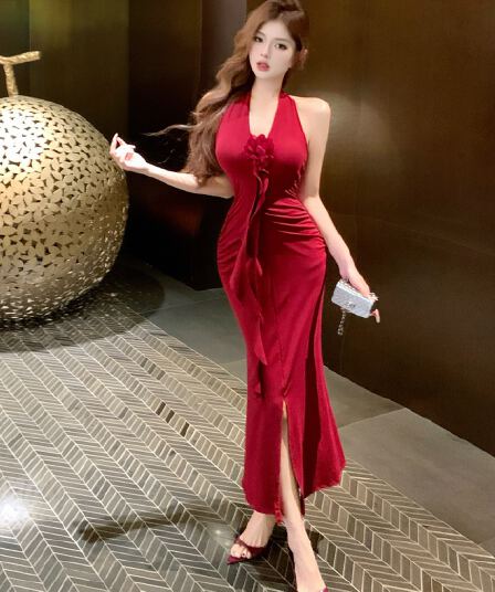 실사 부드러운 바람 우아함 품격 고급 센스 행침 목 V넥 예복 치마 새로운 트임 섹시함 타이트 스커트 외국 가스 치마