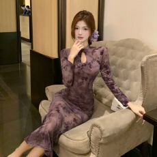 批发实拍新中式复古优雅女装<b class='q'>连衣裙</b>修身显瘦植绒网纱包臀改良版<b class='q'>旗袍</b>裙