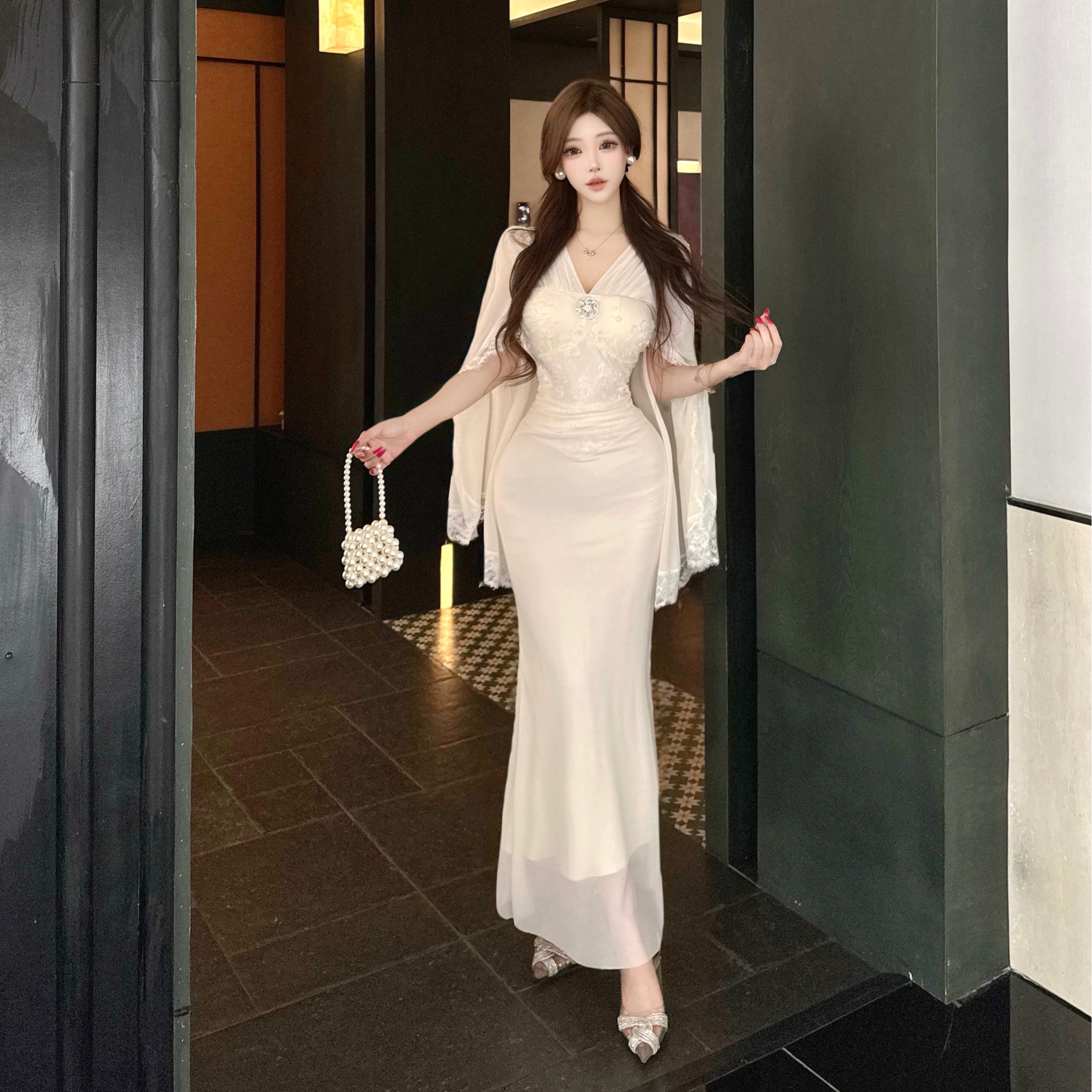 MY14077# 江南美人绝美高级感温柔纯欲性感飘带连肩袖设计感礼服显瘦裙...